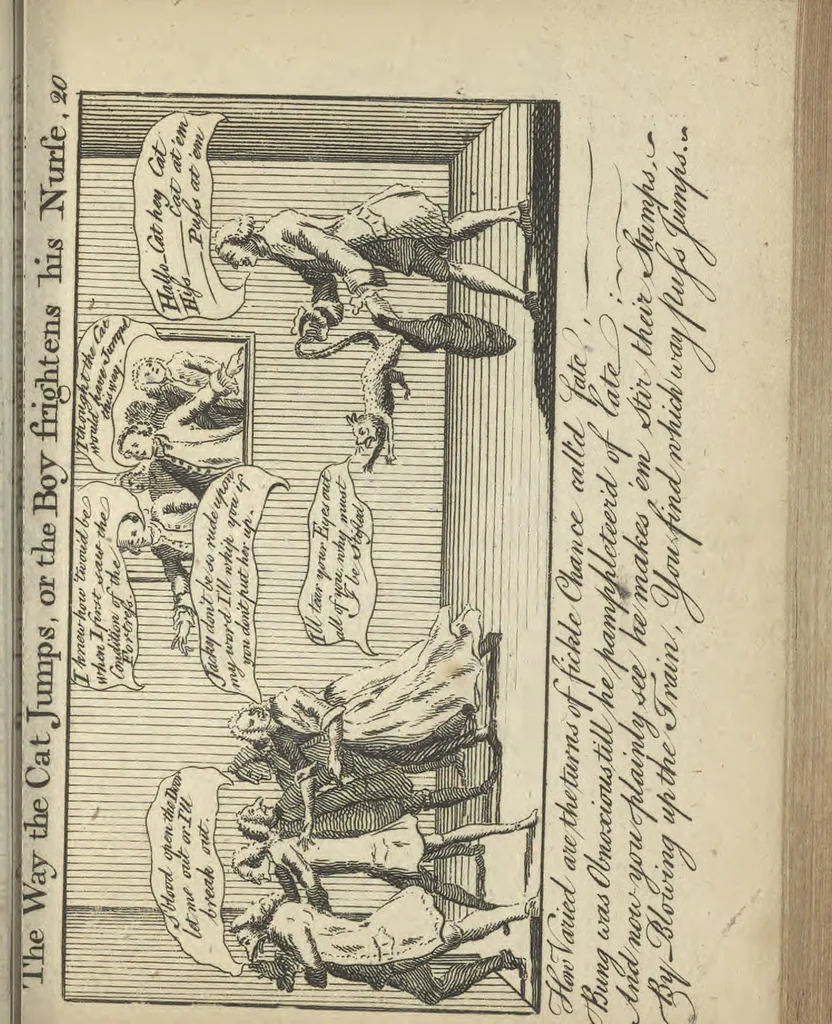 An illustration from England's remembrancer: or, A humorous, sarcastical, and political collection of characters and caricaturas : containing, an account of men famous and infamous... in short, of every thing that engaged the public attention during 1756 and 1757. In copper-plates. To which is prefixed, a key, explanatory of the nature and design of each, by the great masters themselves, 1758, leaf 72