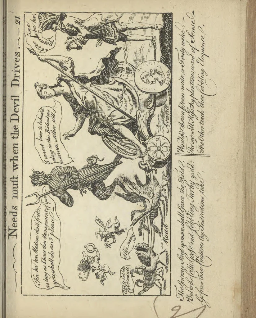 An illustration from England's remembrancer: or, A humorous, sarcastical, and political collection of characters and caricaturas : containing, an account of men famous and infamous... in short, of every thing that engaged the public attention during 1756 and 1757. In copper-plates. To which is prefixed, a key, explanatory of the nature and design of each, by the great masters themselves, 1758, leaf 74