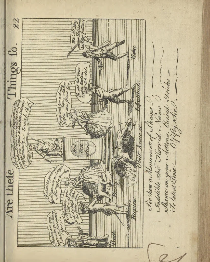 An illustration from England's remembrancer: or, A humorous, sarcastical, and political collection of characters and caricaturas : containing, an account of men famous and infamous... in short, of every thing that engaged the public attention during 1756 and 1757. In copper-plates. To which is prefixed, a key, explanatory of the nature and design of each, by the great masters themselves, 1758, leaf 76