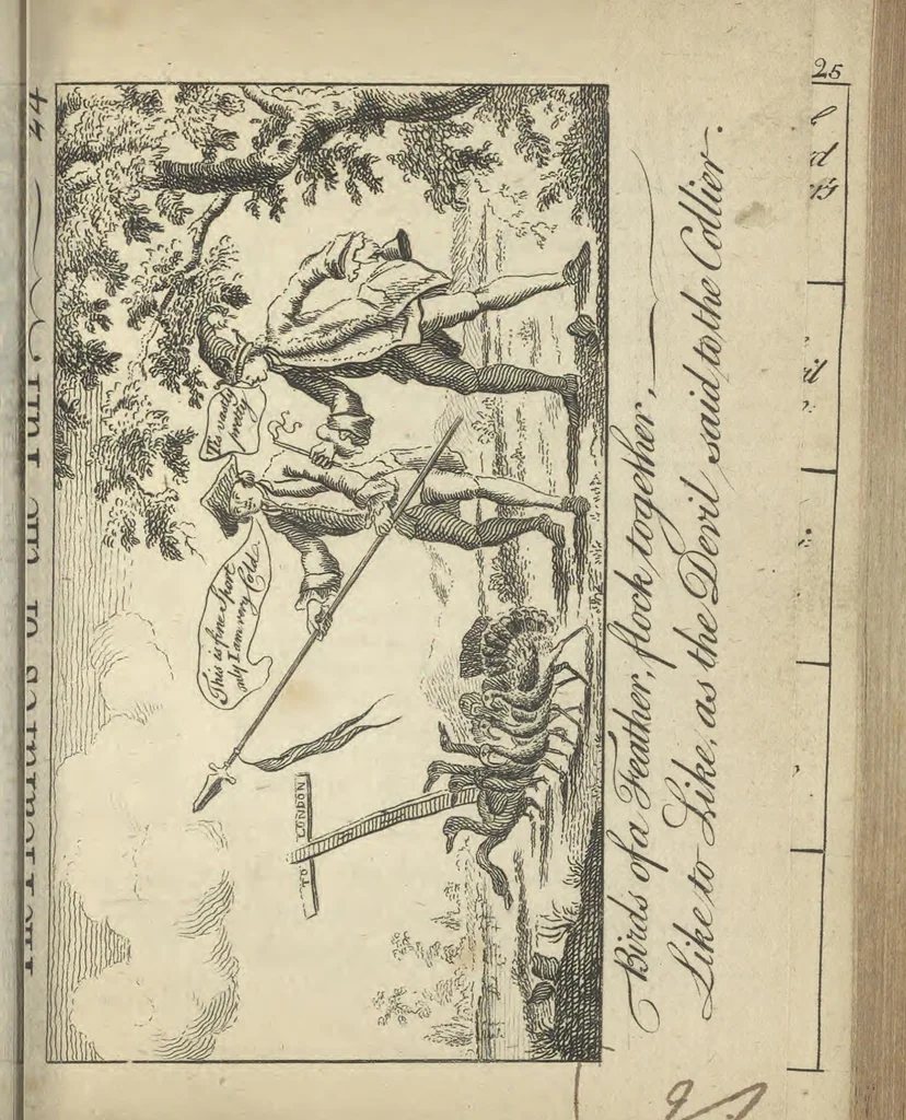 An illustration from England's remembrancer: or, A humorous, sarcastical, and political collection of characters and caricaturas : containing, an account of men famous and infamous... in short, of every thing that engaged the public attention during 1756 and 1757. In copper-plates. To which is prefixed, a key, explanatory of the nature and design of each, by the great masters themselves, 1758, leaf 80
