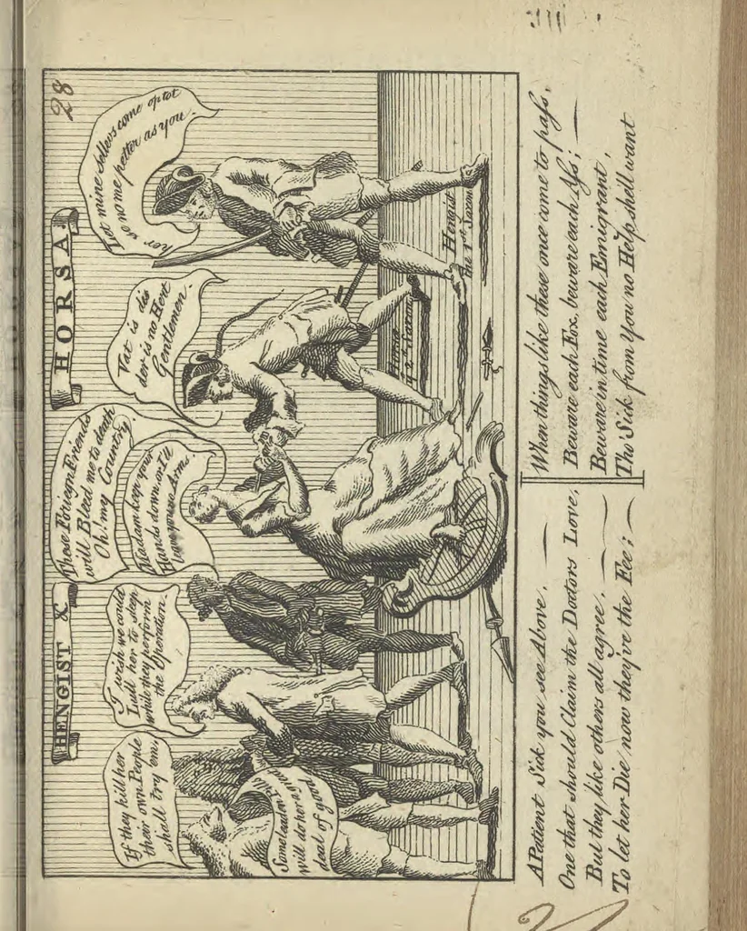 An illustration from England's remembrancer: or, A humorous, sarcastical, and political collection of characters and caricaturas : containing, an account of men famous and infamous... in short, of every thing that engaged the public attention during 1756 and 1757. In copper-plates. To which is prefixed, a key, explanatory of the nature and design of each, by the great masters themselves, 1758, leaf 88
