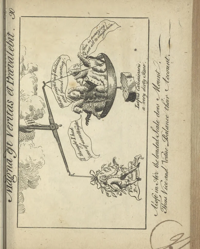 An illustration from England's remembrancer: or, A humorous, sarcastical, and political collection of characters and caricaturas : containing, an account of men famous and infamous... in short, of every thing that engaged the public attention during 1756 and 1757. In copper-plates. To which is prefixed, a key, explanatory of the nature and design of each, by the great masters themselves, 1758, leaf 92