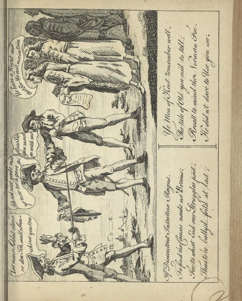 An illustration from England's remembrancer: or, A humorous, sarcastical, and political collection of characters and caricaturas : containing, an account of men famous and infamous... in short, of every thing that engaged the public attention during 1756 and 1757. In copper-plates. To which is prefixed, a key, explanatory of the nature and design of each, by the great masters themselves, 1758, leaf 94