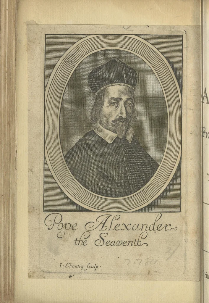 An illustration from The scarlet gown, or, The history of all the present cardinals of Rome. Wherein is set forth the life, birth, and interest, possibility, rich offices, dignities, and charges of every cardinal now living. Also their merits, vertues, and vices : together with the carriages of every of the popes and court of Rome. Whereunto is added, The life of the present Pope Alexander the Seventh, 1660, leaf 135