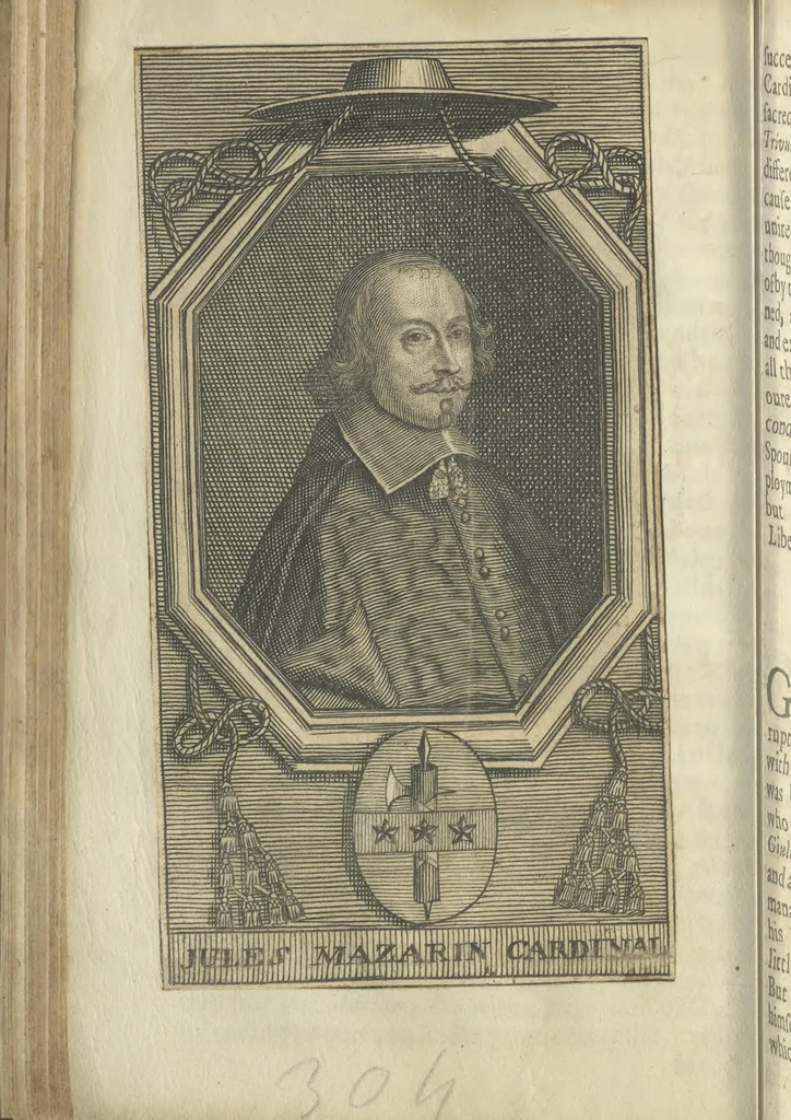 An illustration from The scarlet gown, or, The history of all the present cardinals of Rome. Wherein is set forth the life, birth, and interest, possibility, rich offices, dignities, and charges of every cardinal now living. Also their merits, vertues, and vices : together with the carriages of every of the popes and court of Rome. Whereunto is added, The life of the present Pope Alexander the Seventh, 1660, leaf 89