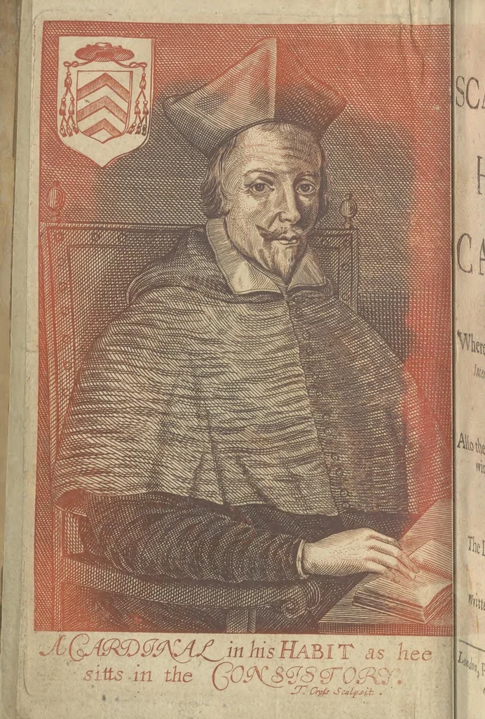 An illustration from The scarlet gown, or, The history of all the present cardinals of Rome. Wherein is set forth the life, birth, and interest, possibility, rich offices, dignities, and charges of every cardinal now living. Also their merits, vertues, and vices : together with the carriages of every of the popes and court of Rome. Whereunto is added, The life of the present Pope Alexander the Seventh, 1660, leaf 9