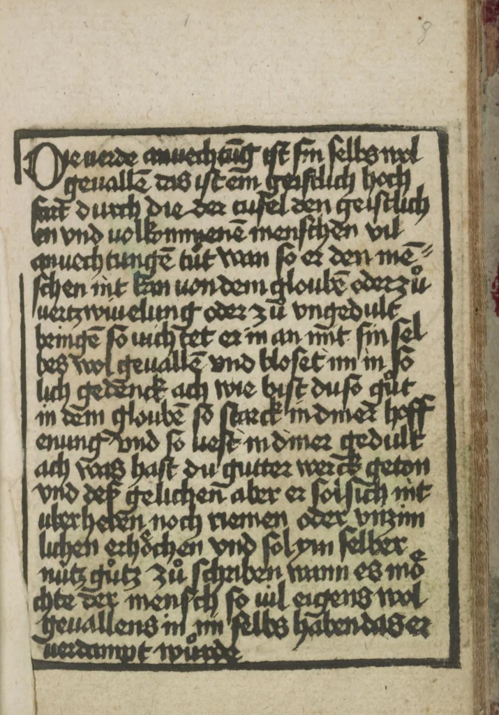 An illustration from Ars moriendi, 1475, leaf 14