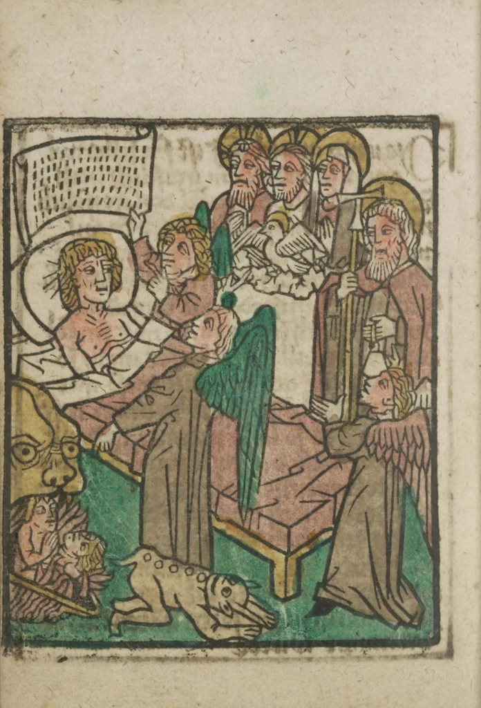 An illustration from Ars moriendi, 1475, leaf 15