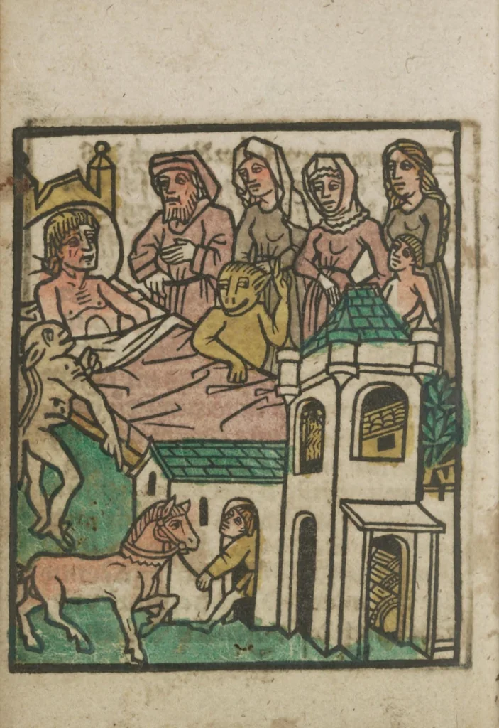An illustration from Ars moriendi, 1475, leaf 17