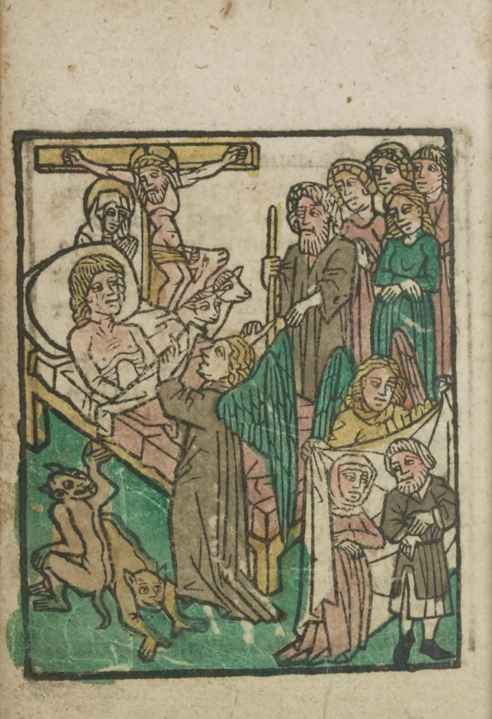 An illustration from Ars moriendi, 1475, leaf 19