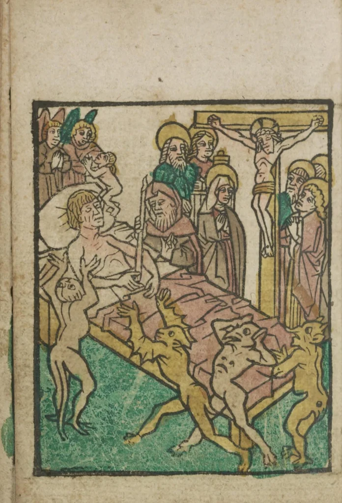 An illustration from Ars moriendi, 1475, leaf 21