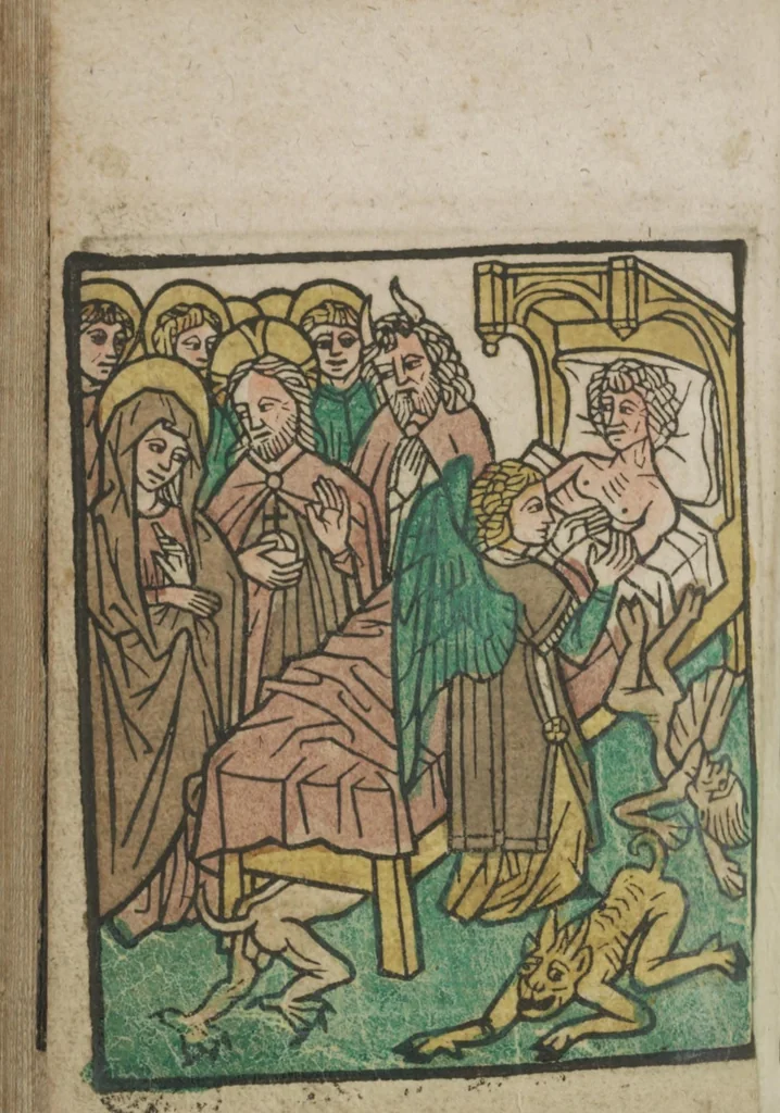 An illustration from Ars moriendi, 1475, leaf 3