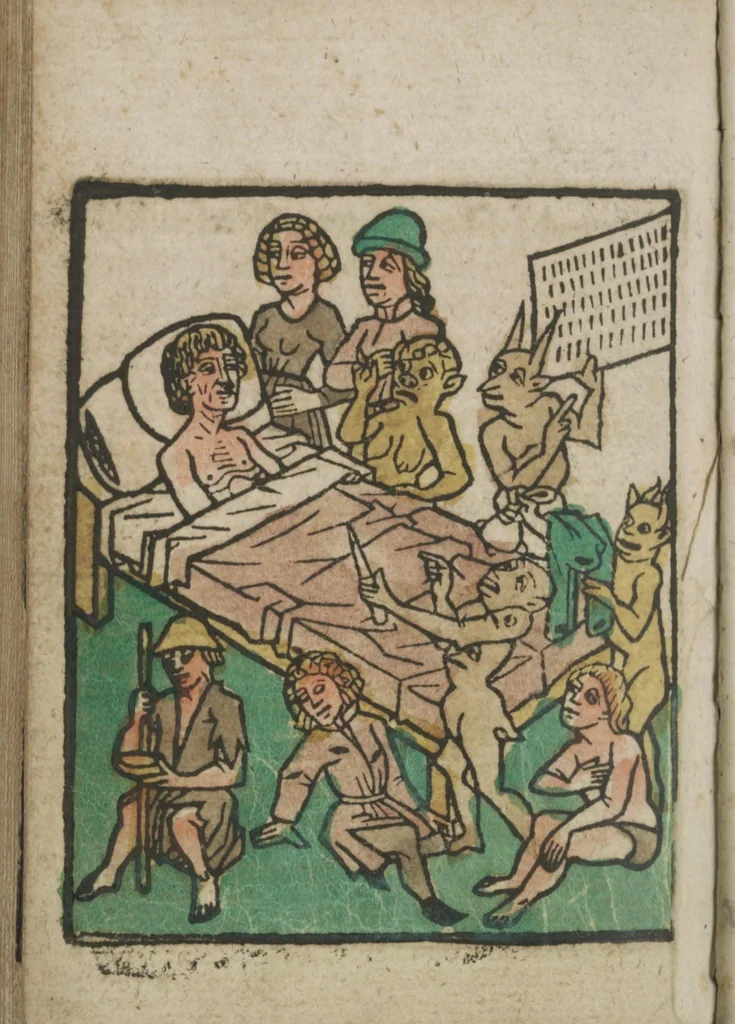 An illustration from Ars moriendi, 1475, leaf 5