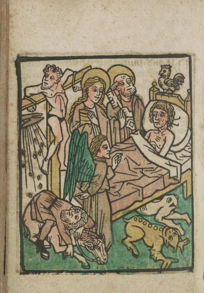 An illustration from Ars moriendi, 1475, leaf 7