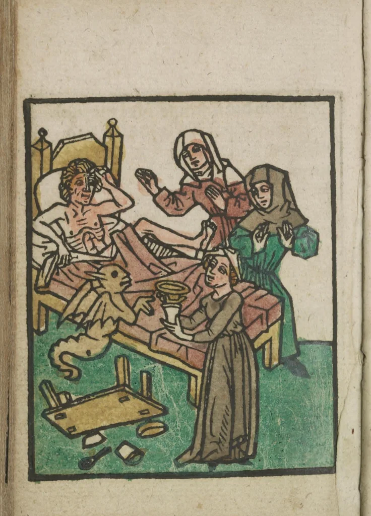 An illustration from Ars moriendi, 1475, leaf 9