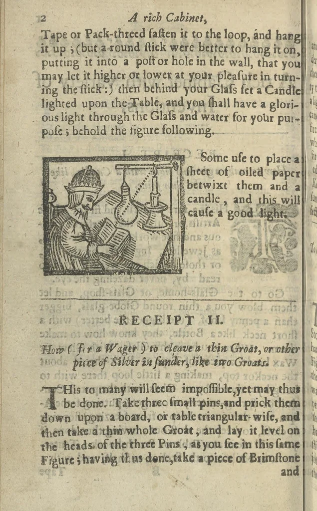 An illustration from A rich cabinet, with variety of inventions: unlock'd and open'd, for the recreation of ingenious spirits ... being receipts and conceits of several natures ... As also variety of recreative fire-works ... Whereunto is added divers experiments in drawing, painting, arithmetick, geometry, astronomy, and other parts of the mathematicks. Likewise directions for ringing the most usual peals, 1677, leaf 27