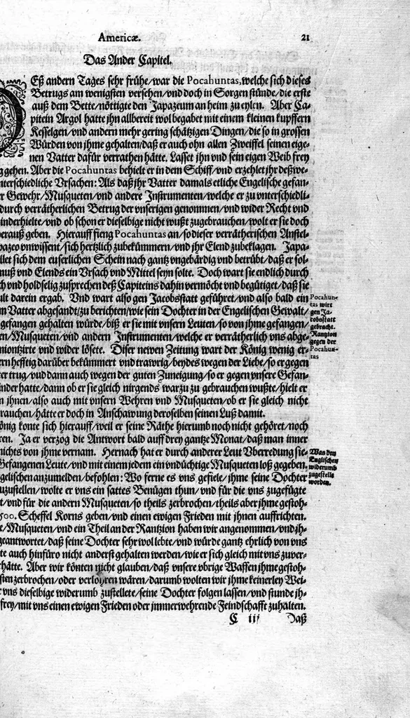 An illustration from Zehender Theil Americae darinnen zubefinden: Erstlich, Zwo Schiffarten Herrn Americi Vesputii vnter König Ferninando in Castilien vollbracht. Zum andern: Ein gründlicher Bericht von dem jetzigen Zustand der Landschafft Virginien ... Beneben einer Heyrath dess Königs Powhatans in Virginien Tochter, mit einem vornemmen Englischen,, 1618, leaf 22