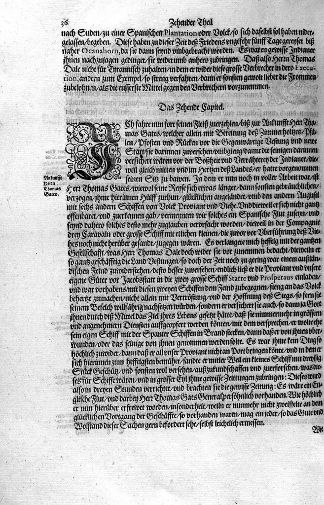 An illustration from Zehender Theil Americae darinnen zubefinden: Erstlich, Zwo Schiffarten Herrn Americi Vesputii vnter König Ferninando in Castilien vollbracht. Zum andern: Ein gründlicher Bericht von dem jetzigen Zustand der Landschafft Virginien ... Beneben einer Heyrath dess Königs Powhatans in Virginien Tochter, mit einem vornemmen Englischen,, 1618, leaf 37