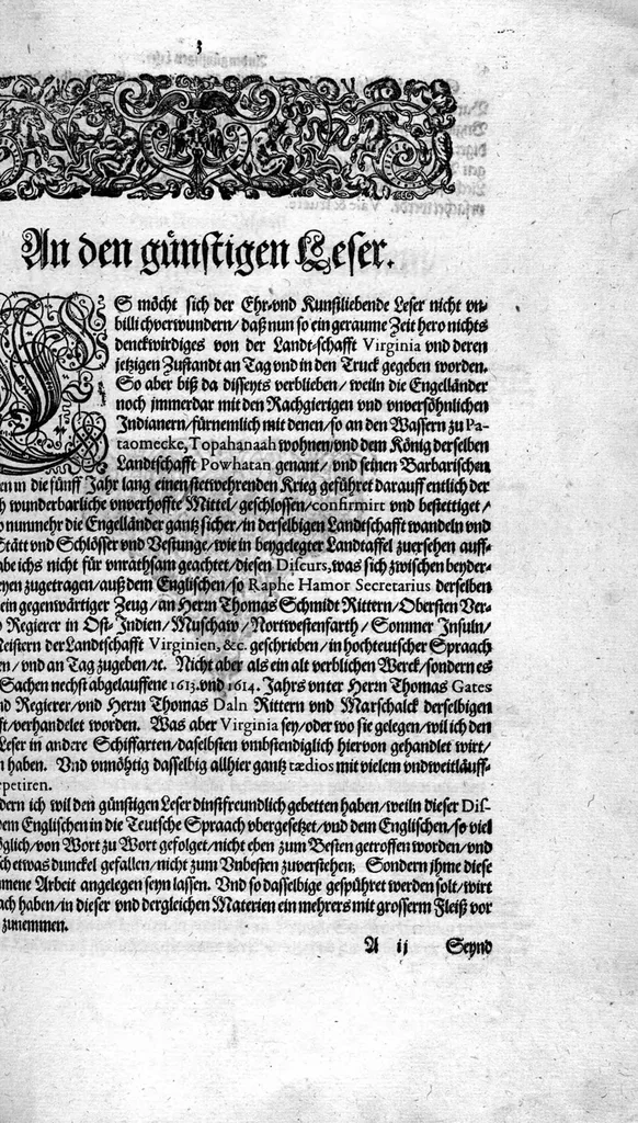 An illustration from Zehender Theil Americae darinnen zubefinden: Erstlich, Zwo Schiffarten Herrn Americi Vesputii vnter König Ferninando in Castilien vollbracht. Zum andern: Ein gründlicher Bericht von dem jetzigen Zustand der Landschafft Virginien ... Beneben einer Heyrath dess Königs Powhatans in Virginien Tochter, mit einem vornemmen Englischen,, 1618, leaf 4
