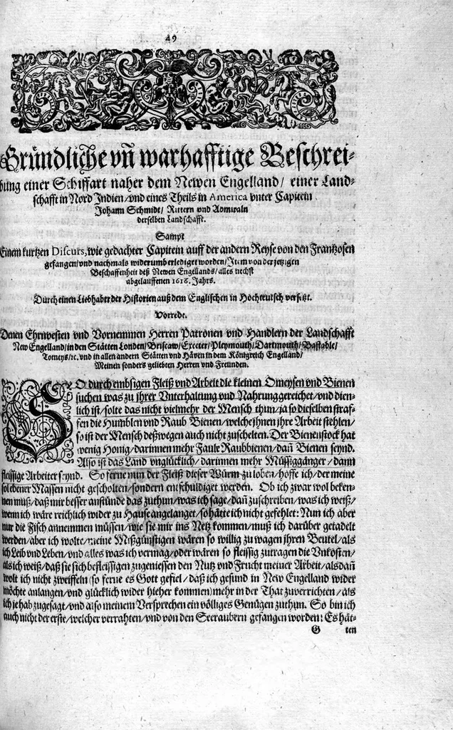 An illustration from Zehender Theil Americae darinnen zubefinden: Erstlich, Zwo Schiffarten Herrn Americi Vesputii vnter König Ferninando in Castilien vollbracht. Zum andern: Ein gründlicher Bericht von dem jetzigen Zustand der Landschafft Virginien ... Beneben einer Heyrath dess Königs Powhatans in Virginien Tochter, mit einem vornemmen Englischen,, 1618, leaf 50