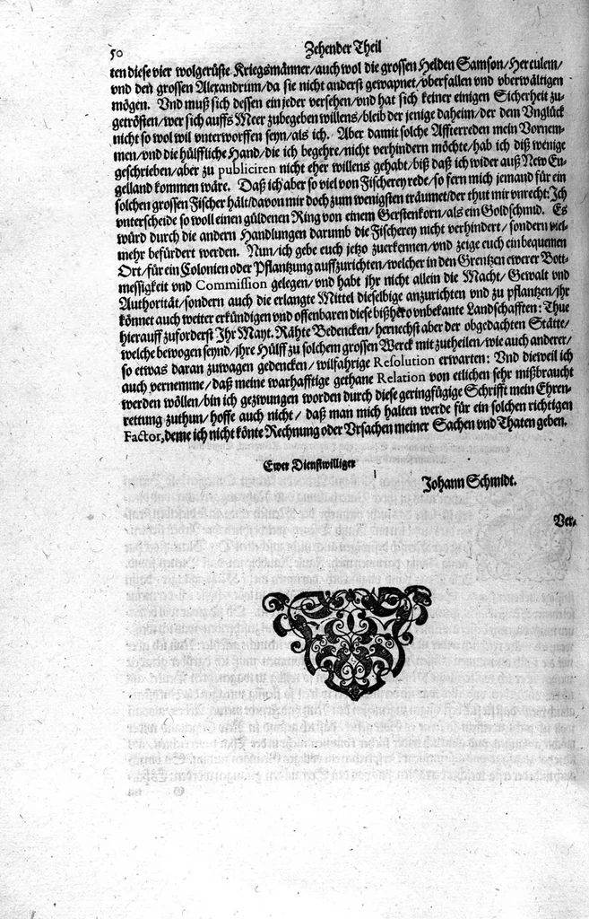 An illustration from Zehender Theil Americae darinnen zubefinden: Erstlich, Zwo Schiffarten Herrn Americi Vesputii vnter König Ferninando in Castilien vollbracht. Zum andern: Ein gründlicher Bericht von dem jetzigen Zustand der Landschafft Virginien ... Beneben einer Heyrath dess Königs Powhatans in Virginien Tochter, mit einem vornemmen Englischen,, 1618, leaf 51