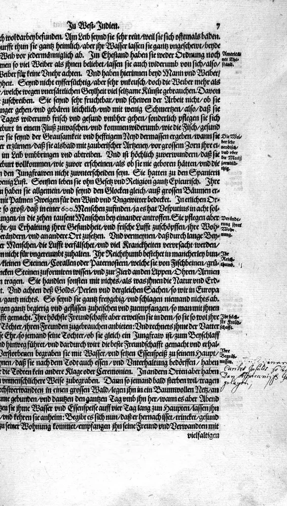 An illustration from Zehender Theil Americae darinnen zubefinden: Erstlich, Zwo Schiffarten Herrn Americi Vesputii vnter König Ferninando in Castilien vollbracht. Zum andern: Ein gründlicher Bericht von dem jetzigen Zustand der Landschafft Virginien ... Beneben einer Heyrath dess Königs Powhatans in Virginien Tochter, mit einem vornemmen Englischen,, 1618, leaf 8