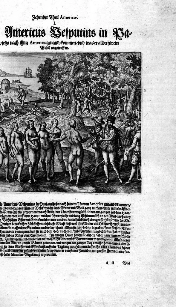 An illustration from Zehender Theil Americae darinnen zubefinden: Erstlich, Zwo Schiffarten Herrn Americi Vesputii vnter König Ferninando in Castilien vollbracht. Zum andern: Ein gründlicher Bericht von dem jetzigen Zustand der Landschafft Virginien ... Beneben einer Heyrath dess Königs Powhatans in Virginien Tochter, mit einem vornemmen Englischen,, 1618, leaf 80