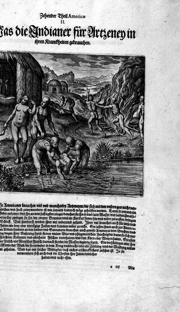 An illustration from Zehender Theil Americae darinnen zubefinden: Erstlich, Zwo Schiffarten Herrn Americi Vesputii vnter König Ferninando in Castilien vollbracht. Zum andern: Ein gründlicher Bericht von dem jetzigen Zustand der Landschafft Virginien ... Beneben einer Heyrath dess Königs Powhatans in Virginien Tochter, mit einem vornemmen Englischen,, 1618, leaf 81