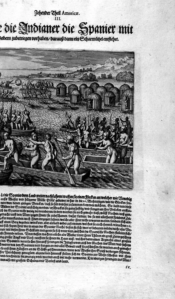 An illustration from Zehender Theil Americae darinnen zubefinden: Erstlich, Zwo Schiffarten Herrn Americi Vesputii vnter König Ferninando in Castilien vollbracht. Zum andern: Ein gründlicher Bericht von dem jetzigen Zustand der Landschafft Virginien ... Beneben einer Heyrath dess Königs Powhatans in Virginien Tochter, mit einem vornemmen Englischen,, 1618, leaf 82