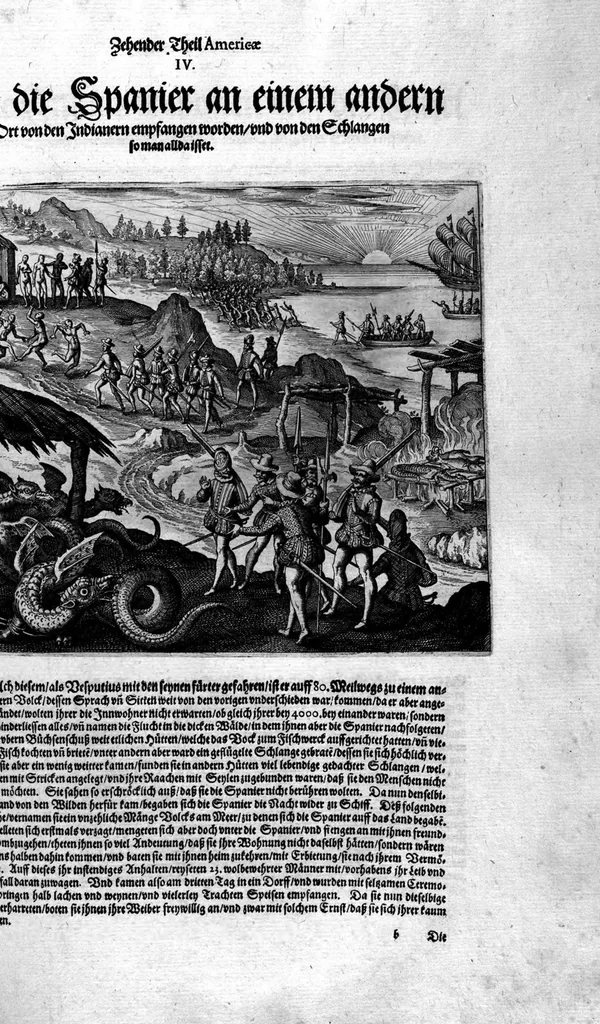 An illustration from Zehender Theil Americae darinnen zubefinden: Erstlich, Zwo Schiffarten Herrn Americi Vesputii vnter König Ferninando in Castilien vollbracht. Zum andern: Ein gründlicher Bericht von dem jetzigen Zustand der Landschafft Virginien ... Beneben einer Heyrath dess Königs Powhatans in Virginien Tochter, mit einem vornemmen Englischen,, 1618, leaf 83