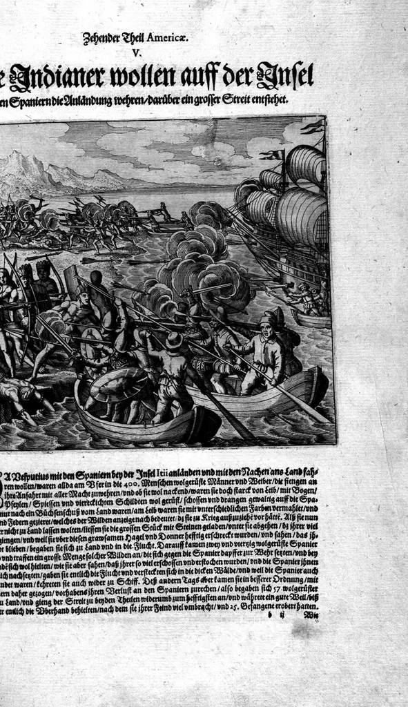 An illustration from Zehender Theil Americae darinnen zubefinden: Erstlich, Zwo Schiffarten Herrn Americi Vesputii vnter König Ferninando in Castilien vollbracht. Zum andern: Ein gründlicher Bericht von dem jetzigen Zustand der Landschafft Virginien ... Beneben einer Heyrath dess Königs Powhatans in Virginien Tochter, mit einem vornemmen Englischen,, 1618, leaf 84