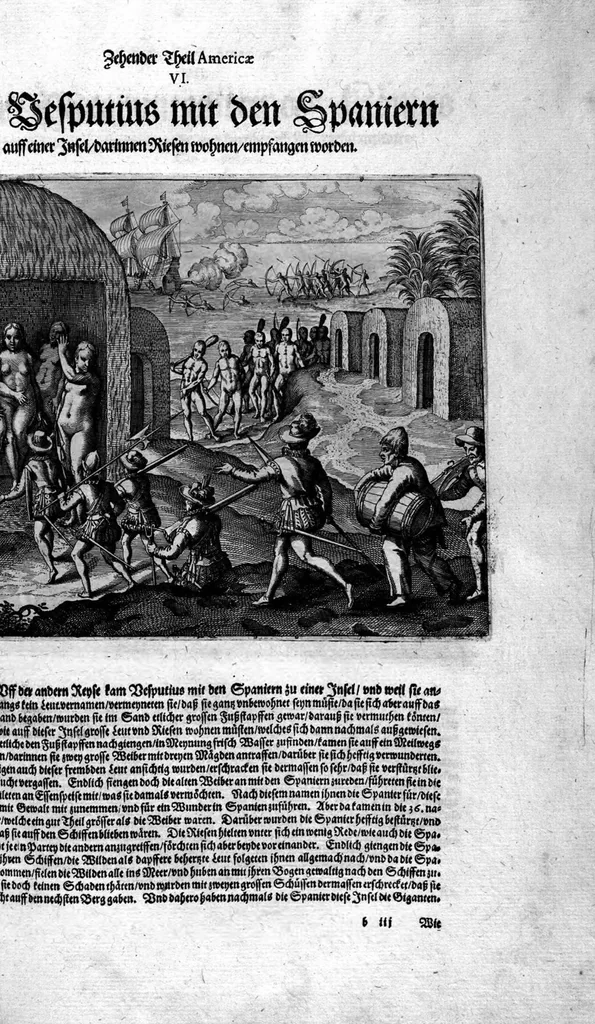 An illustration from Zehender Theil Americae darinnen zubefinden: Erstlich, Zwo Schiffarten Herrn Americi Vesputii vnter König Ferninando in Castilien vollbracht. Zum andern: Ein gründlicher Bericht von dem jetzigen Zustand der Landschafft Virginien ... Beneben einer Heyrath dess Königs Powhatans in Virginien Tochter, mit einem vornemmen Englischen,, 1618, leaf 85