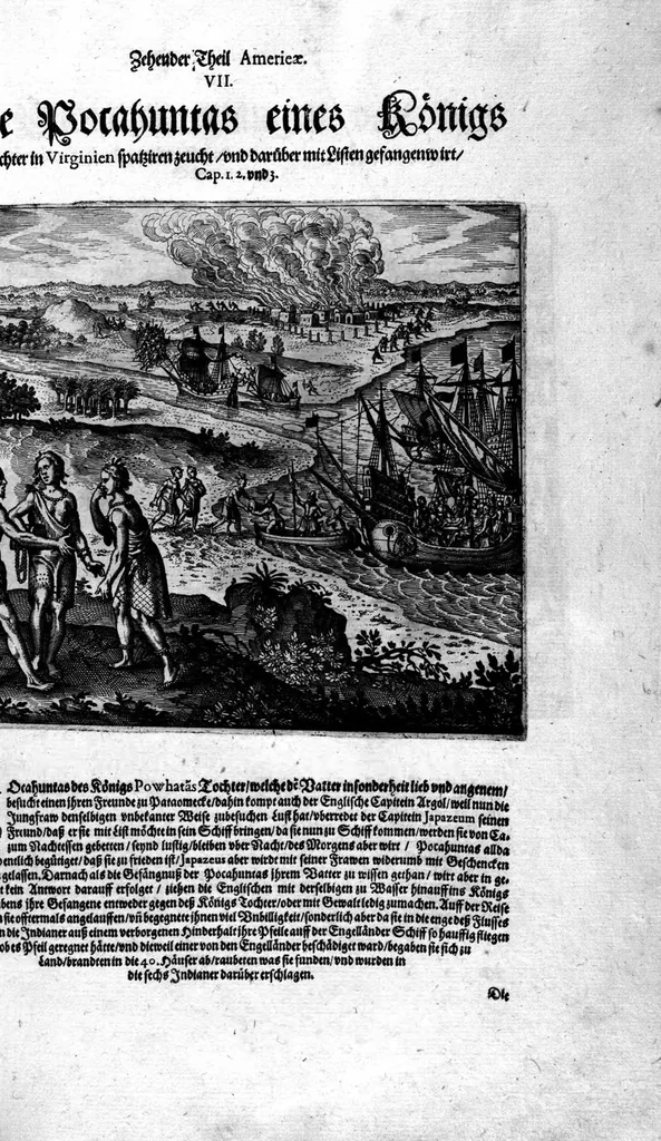 An illustration from Zehender Theil Americae darinnen zubefinden: Erstlich, Zwo Schiffarten Herrn Americi Vesputii vnter König Ferninando in Castilien vollbracht. Zum andern: Ein gründlicher Bericht von dem jetzigen Zustand der Landschafft Virginien ... Beneben einer Heyrath dess Königs Powhatans in Virginien Tochter, mit einem vornemmen Englischen,, 1618, leaf 86