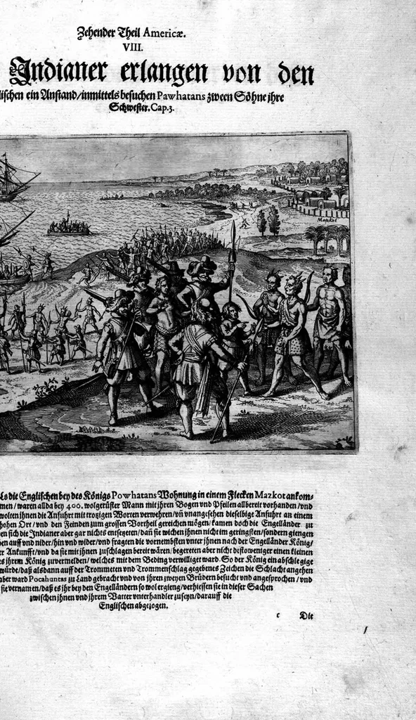 An illustration from Zehender Theil Americae darinnen zubefinden: Erstlich, Zwo Schiffarten Herrn Americi Vesputii vnter König Ferninando in Castilien vollbracht. Zum andern: Ein gründlicher Bericht von dem jetzigen Zustand der Landschafft Virginien ... Beneben einer Heyrath dess Königs Powhatans in Virginien Tochter, mit einem vornemmen Englischen,, 1618, leaf 87