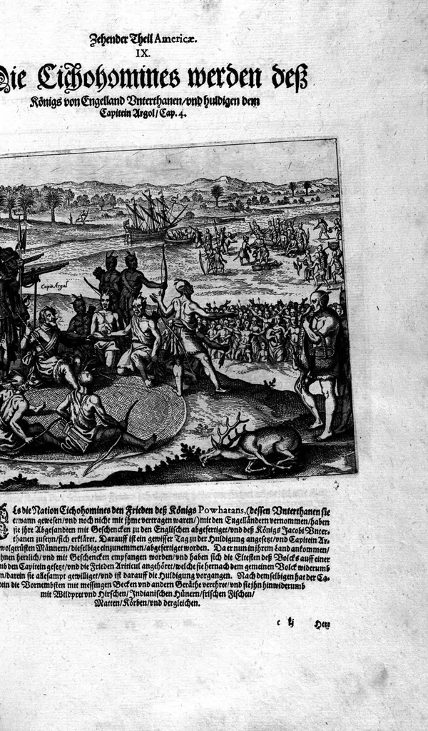 An illustration from Zehender Theil Americae darinnen zubefinden: Erstlich, Zwo Schiffarten Herrn Americi Vesputii vnter König Ferninando in Castilien vollbracht. Zum andern: Ein gründlicher Bericht von dem jetzigen Zustand der Landschafft Virginien ... Beneben einer Heyrath dess Königs Powhatans in Virginien Tochter, mit einem vornemmen Englischen,, 1618, leaf 88