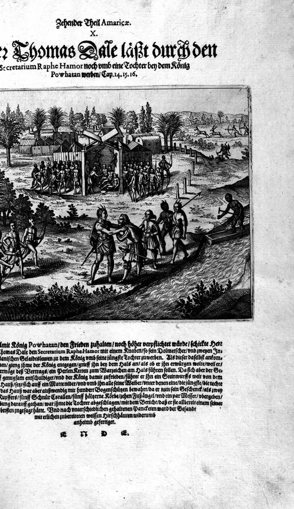 An illustration from Zehender Theil Americae darinnen zubefinden: Erstlich, Zwo Schiffarten Herrn Americi Vesputii vnter König Ferninando in Castilien vollbracht. Zum andern: Ein gründlicher Bericht von dem jetzigen Zustand der Landschafft Virginien ... Beneben einer Heyrath dess Königs Powhatans in Virginien Tochter, mit einem vornemmen Englischen,, 1618, leaf 89