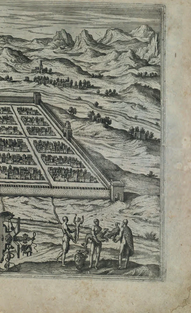 An illustration from Americae pars sexta, sive, Historiae ab Hieronymo Be[n]zono Mediolane[n]se scriptae, sectio tertia, res no[n] minus nobiles & admiratione plenas continens, quàm praecedentes duae : in hac enim reperies, qua ratione Hispani opule[n]tissimas illas Peruäni regni provincias occuparint, capto Rege Atabaliba, dei[n]de orta inter ipsos Hispanos in eo regno civilia bella : additus est brevis de Fortunatis insulis co[m]mentariolus in duo capita distinctus : item additiones ad singula capita historiam illustrantes : accessit Peruäni regni chorographica tabula, 1596, leaf 118