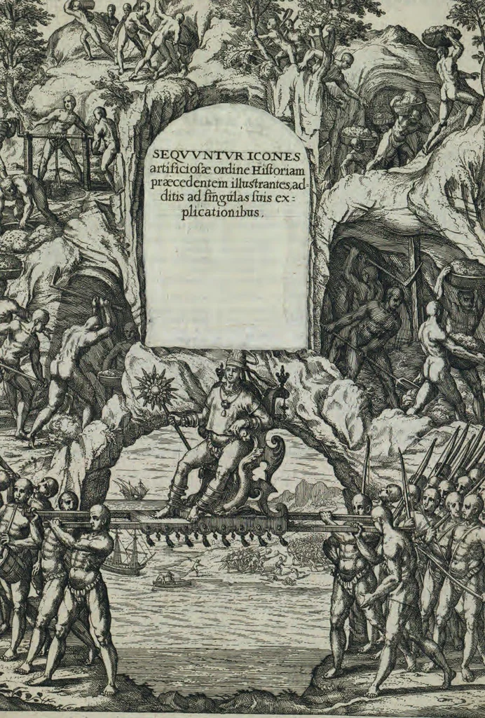 An illustration from Americae pars sexta, sive, Historiae ab Hieronymo Be[n]zono Mediolane[n]se scriptae, sectio tertia, res no[n] minus nobiles & admiratione plenas continens, quàm praecedentes duae : in hac enim reperies, qua ratione Hispani opule[n]tissimas illas Peruäni regni provincias occuparint, capto Rege Atabaliba, dei[n]de orta inter ipsos Hispanos in eo regno civilia bella : additus est brevis de Fortunatis insulis co[m]mentariolus in duo capita distinctus : item additiones ad singula capita historiam illustrantes : accessit Peruäni regni chorographica tabula, 1596, leaf 120