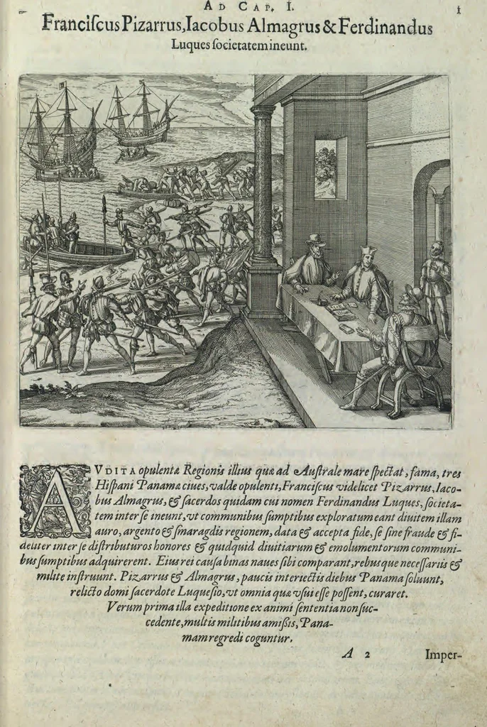 An illustration from Americae pars sexta, sive, Historiae ab Hieronymo Be[n]zono Mediolane[n]se scriptae, sectio tertia, res no[n] minus nobiles & admiratione plenas continens, quàm praecedentes duae : in hac enim reperies, qua ratione Hispani opule[n]tissimas illas Peruäni regni provincias occuparint, capto Rege Atabaliba, dei[n]de orta inter ipsos Hispanos in eo regno civilia bella : additus est brevis de Fortunatis insulis co[m]mentariolus in duo capita distinctus : item additiones ad singula capita historiam illustrantes : accessit Peruäni regni chorographica tabula, 1596, leaf 122