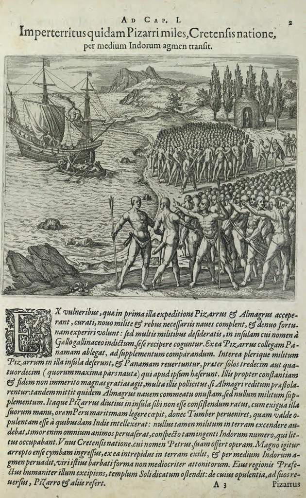 An illustration from Americae pars sexta, sive, Historiae ab Hieronymo Be[n]zono Mediolane[n]se scriptae, sectio tertia, res no[n] minus nobiles & admiratione plenas continens, quàm praecedentes duae : in hac enim reperies, qua ratione Hispani opule[n]tissimas illas Peruäni regni provincias occuparint, capto Rege Atabaliba, dei[n]de orta inter ipsos Hispanos in eo regno civilia bella : additus est brevis de Fortunatis insulis co[m]mentariolus in duo capita distinctus : item additiones ad singula capita historiam illustrantes : accessit Peruäni regni chorographica tabula, 1596, leaf 124