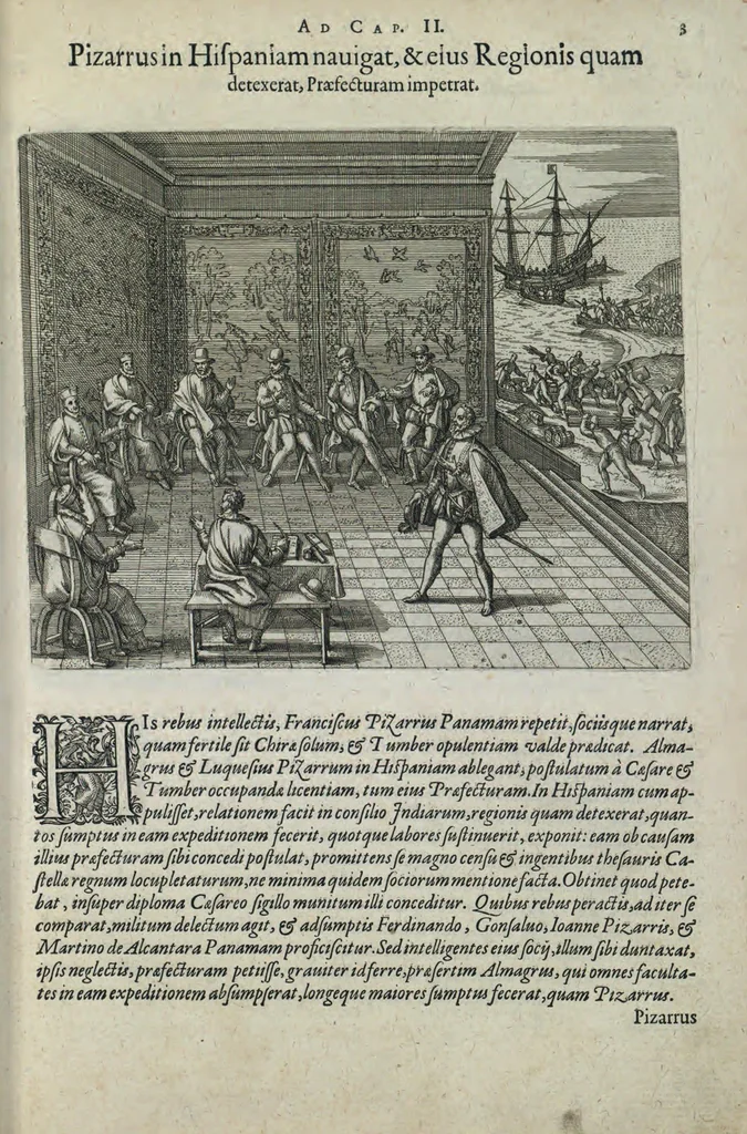 An illustration from Americae pars sexta, sive, Historiae ab Hieronymo Be[n]zono Mediolane[n]se scriptae, sectio tertia, res no[n] minus nobiles & admiratione plenas continens, quàm praecedentes duae : in hac enim reperies, qua ratione Hispani opule[n]tissimas illas Peruäni regni provincias occuparint, capto Rege Atabaliba, dei[n]de orta inter ipsos Hispanos in eo regno civilia bella : additus est brevis de Fortunatis insulis co[m]mentariolus in duo capita distinctus : item additiones ad singula capita historiam illustrantes : accessit Peruäni regni chorographica tabula, 1596, leaf 126