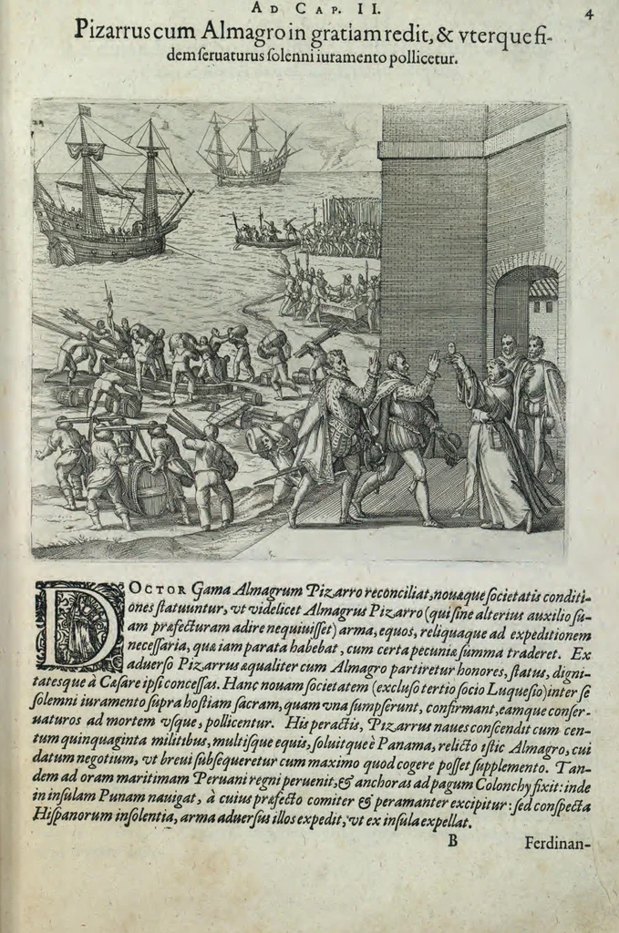 An illustration from Americae pars sexta, sive, Historiae ab Hieronymo Be[n]zono Mediolane[n]se scriptae, sectio tertia, res no[n] minus nobiles & admiratione plenas continens, quàm praecedentes duae : in hac enim reperies, qua ratione Hispani opule[n]tissimas illas Peruäni regni provincias occuparint, capto Rege Atabaliba, dei[n]de orta inter ipsos Hispanos in eo regno civilia bella : additus est brevis de Fortunatis insulis co[m]mentariolus in duo capita distinctus : item additiones ad singula capita historiam illustrantes : accessit Peruäni regni chorographica tabula, 1596, leaf 128