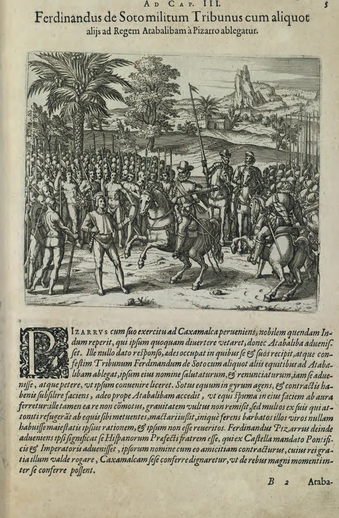 An illustration from Americae pars sexta, sive, Historiae ab Hieronymo Be[n]zono Mediolane[n]se scriptae, sectio tertia, res no[n] minus nobiles & admiratione plenas continens, quàm praecedentes duae : in hac enim reperies, qua ratione Hispani opule[n]tissimas illas Peruäni regni provincias occuparint, capto Rege Atabaliba, dei[n]de orta inter ipsos Hispanos in eo regno civilia bella : additus est brevis de Fortunatis insulis co[m]mentariolus in duo capita distinctus : item additiones ad singula capita historiam illustrantes : accessit Peruäni regni chorographica tabula, 1596, leaf 130