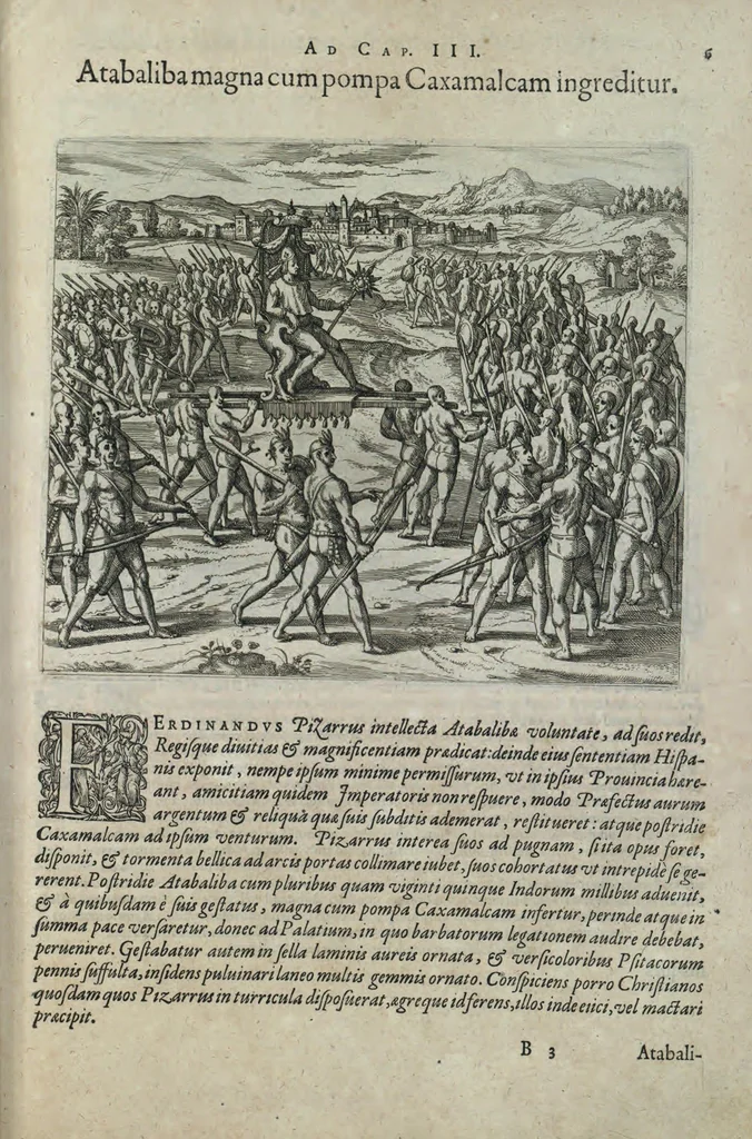 An illustration from Americae pars sexta, sive, Historiae ab Hieronymo Be[n]zono Mediolane[n]se scriptae, sectio tertia, res no[n] minus nobiles & admiratione plenas continens, quàm praecedentes duae : in hac enim reperies, qua ratione Hispani opule[n]tissimas illas Peruäni regni provincias occuparint, capto Rege Atabaliba, dei[n]de orta inter ipsos Hispanos in eo regno civilia bella : additus est brevis de Fortunatis insulis co[m]mentariolus in duo capita distinctus : item additiones ad singula capita historiam illustrantes : accessit Peruäni regni chorographica tabula, 1596, leaf 132