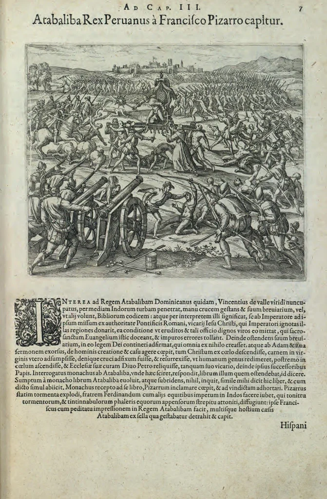 An illustration from Americae pars sexta, sive, Historiae ab Hieronymo Be[n]zono Mediolane[n]se scriptae, sectio tertia, res no[n] minus nobiles & admiratione plenas continens, quàm praecedentes duae : in hac enim reperies, qua ratione Hispani opule[n]tissimas illas Peruäni regni provincias occuparint, capto Rege Atabaliba, dei[n]de orta inter ipsos Hispanos in eo regno civilia bella : additus est brevis de Fortunatis insulis co[m]mentariolus in duo capita distinctus : item additiones ad singula capita historiam illustrantes : accessit Peruäni regni chorographica tabula, 1596, leaf 134