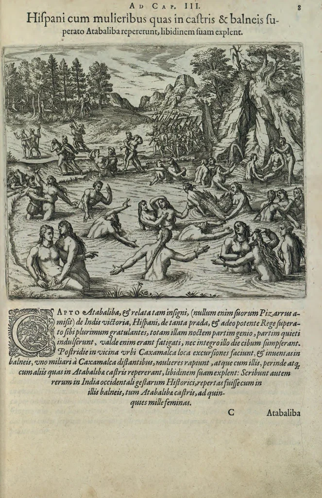 An illustration from Americae pars sexta, sive, Historiae ab Hieronymo Be[n]zono Mediolane[n]se scriptae, sectio tertia, res no[n] minus nobiles & admiratione plenas continens, quàm praecedentes duae : in hac enim reperies, qua ratione Hispani opule[n]tissimas illas Peruäni regni provincias occuparint, capto Rege Atabaliba, dei[n]de orta inter ipsos Hispanos in eo regno civilia bella : additus est brevis de Fortunatis insulis co[m]mentariolus in duo capita distinctus : item additiones ad singula capita historiam illustrantes : accessit Peruäni regni chorographica tabula, 1596, leaf 136