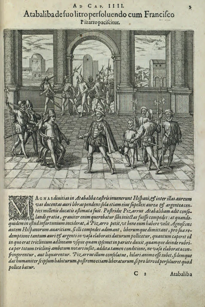 An illustration from Americae pars sexta, sive, Historiae ab Hieronymo Be[n]zono Mediolane[n]se scriptae, sectio tertia, res no[n] minus nobiles & admiratione plenas continens, quàm praecedentes duae : in hac enim reperies, qua ratione Hispani opule[n]tissimas illas Peruäni regni provincias occuparint, capto Rege Atabaliba, dei[n]de orta inter ipsos Hispanos in eo regno civilia bella : additus est brevis de Fortunatis insulis co[m]mentariolus in duo capita distinctus : item additiones ad singula capita historiam illustrantes : accessit Peruäni regni chorographica tabula, 1596, leaf 138