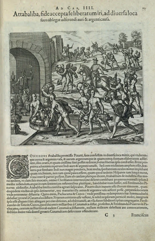 An illustration from Americae pars sexta, sive, Historiae ab Hieronymo Be[n]zono Mediolane[n]se scriptae, sectio tertia, res no[n] minus nobiles & admiratione plenas continens, quàm praecedentes duae : in hac enim reperies, qua ratione Hispani opule[n]tissimas illas Peruäni regni provincias occuparint, capto Rege Atabaliba, dei[n]de orta inter ipsos Hispanos in eo regno civilia bella : additus est brevis de Fortunatis insulis co[m]mentariolus in duo capita distinctus : item additiones ad singula capita historiam illustrantes : accessit Peruäni regni chorographica tabula, 1596, leaf 140