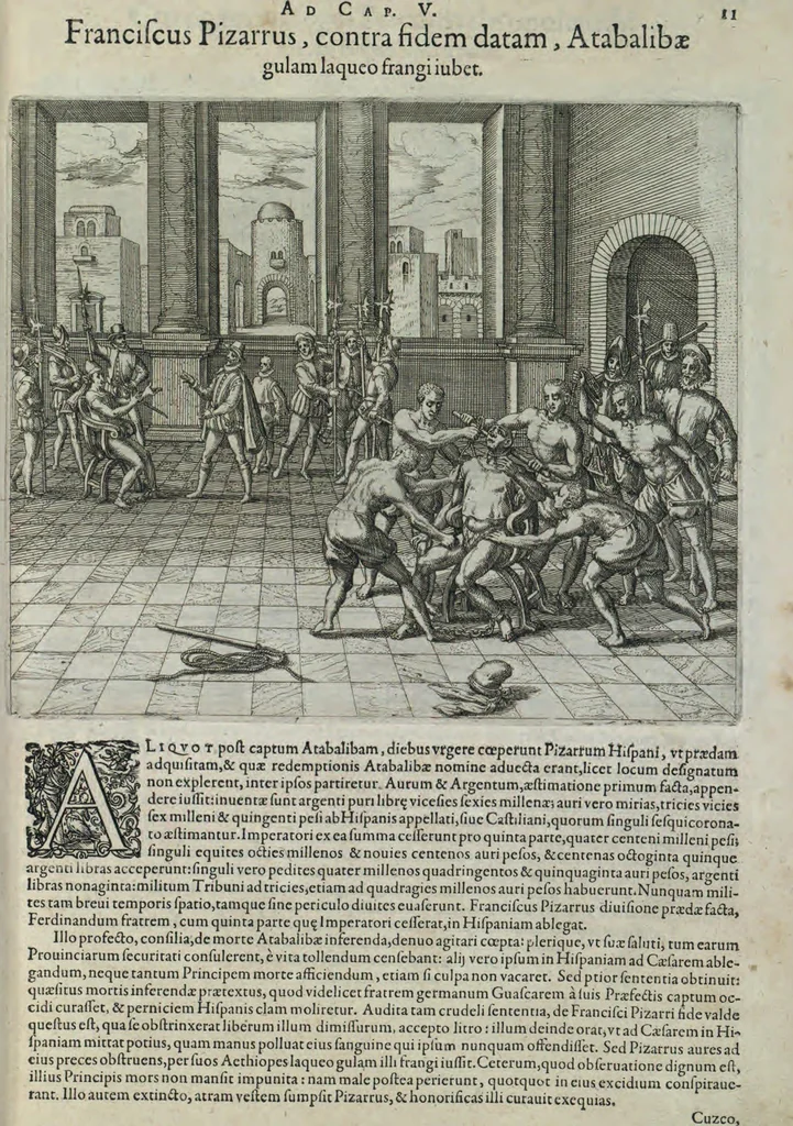 An illustration from Americae pars sexta, sive, Historiae ab Hieronymo Be[n]zono Mediolane[n]se scriptae, sectio tertia, res no[n] minus nobiles & admiratione plenas continens, quàm praecedentes duae : in hac enim reperies, qua ratione Hispani opule[n]tissimas illas Peruäni regni provincias occuparint, capto Rege Atabaliba, dei[n]de orta inter ipsos Hispanos in eo regno civilia bella : additus est brevis de Fortunatis insulis co[m]mentariolus in duo capita distinctus : item additiones ad singula capita historiam illustrantes : accessit Peruäni regni chorographica tabula, 1596, leaf 142