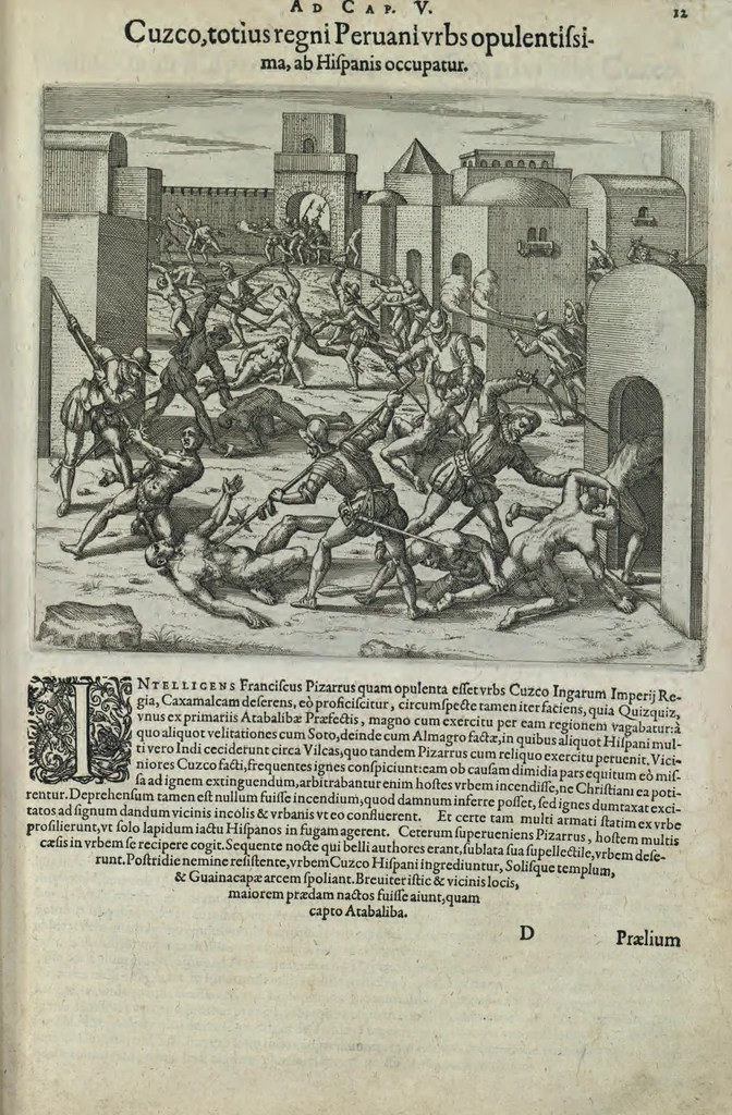 An illustration from Americae pars sexta, sive, Historiae ab Hieronymo Be[n]zono Mediolane[n]se scriptae, sectio tertia, res no[n] minus nobiles & admiratione plenas continens, quàm praecedentes duae : in hac enim reperies, qua ratione Hispani opule[n]tissimas illas Peruäni regni provincias occuparint, capto Rege Atabaliba, dei[n]de orta inter ipsos Hispanos in eo regno civilia bella : additus est brevis de Fortunatis insulis co[m]mentariolus in duo capita distinctus : item additiones ad singula capita historiam illustrantes : accessit Peruäni regni chorographica tabula, 1596, leaf 144